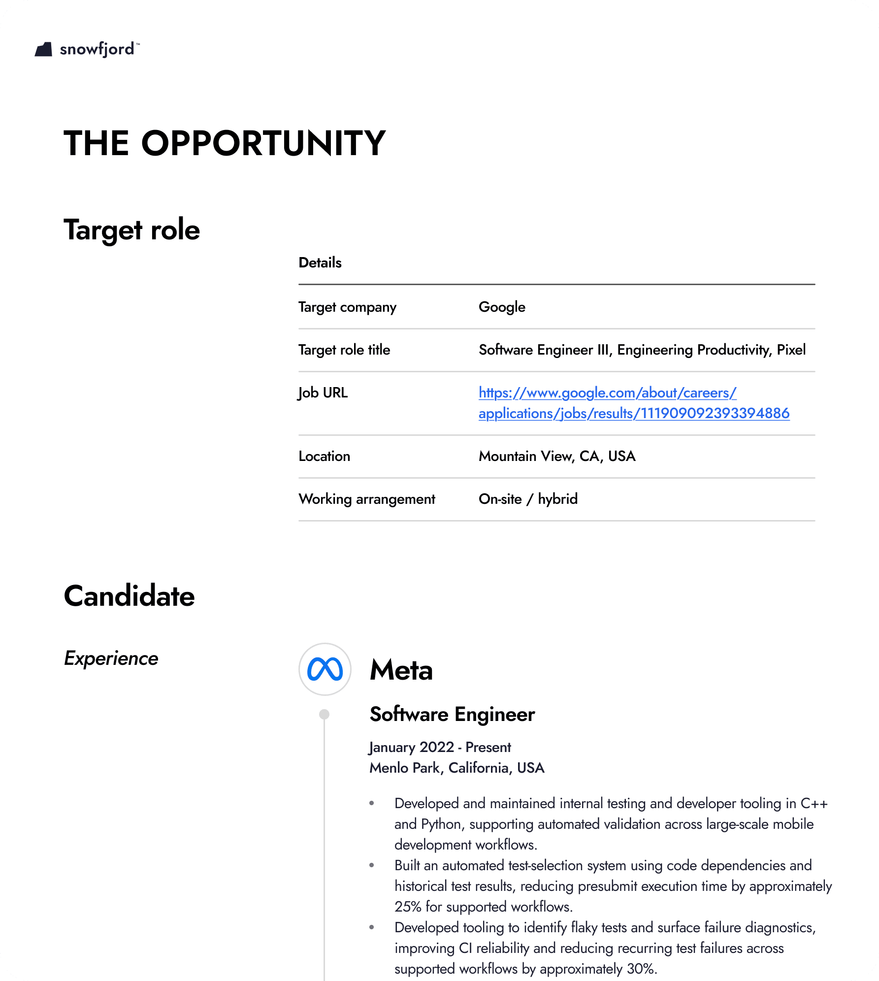 Snowfjord referral request prospectus mockup showing a referral request card with target role and candidate details