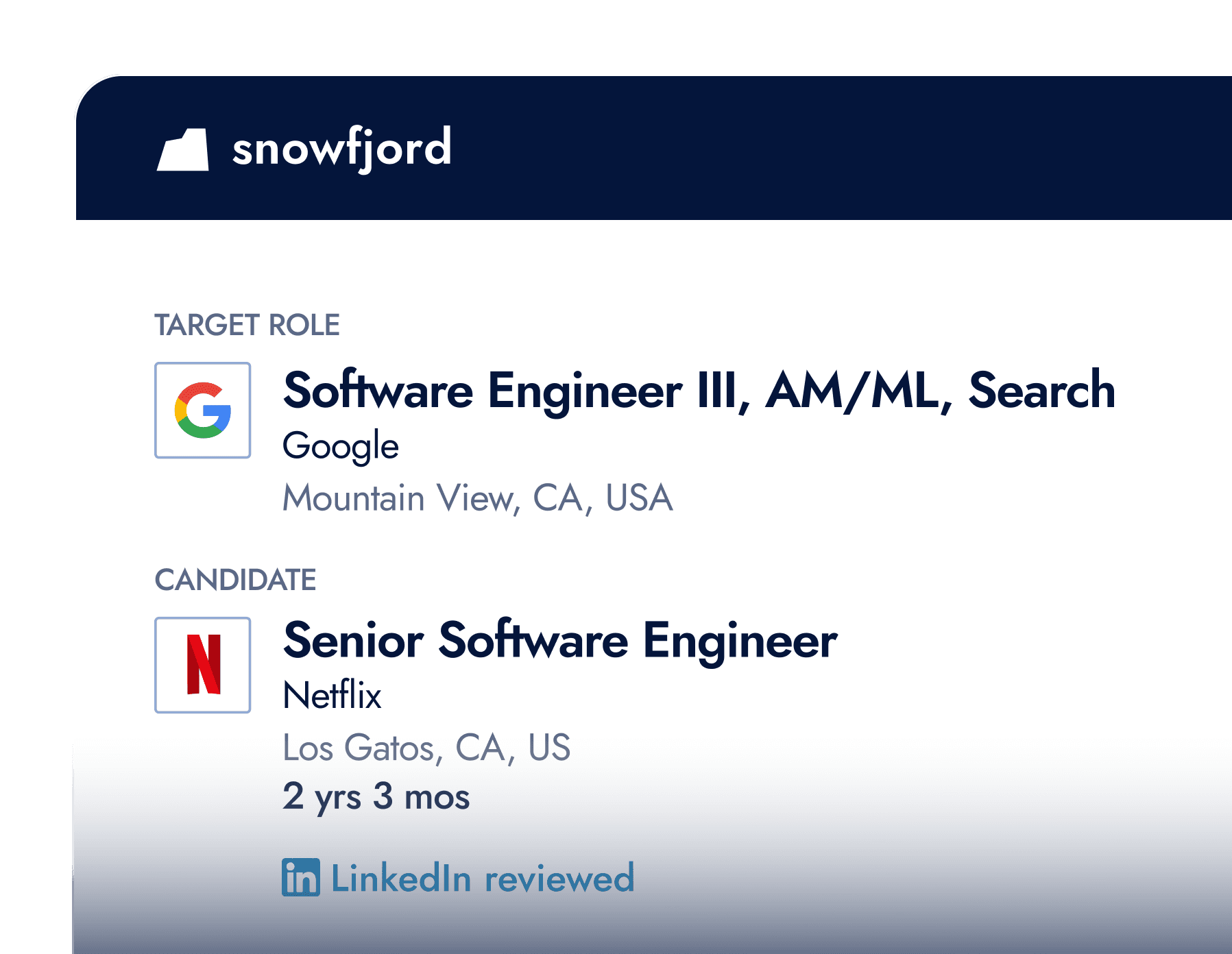 Snowfjord referral request mockup showing a referral request card with target role and candidate details