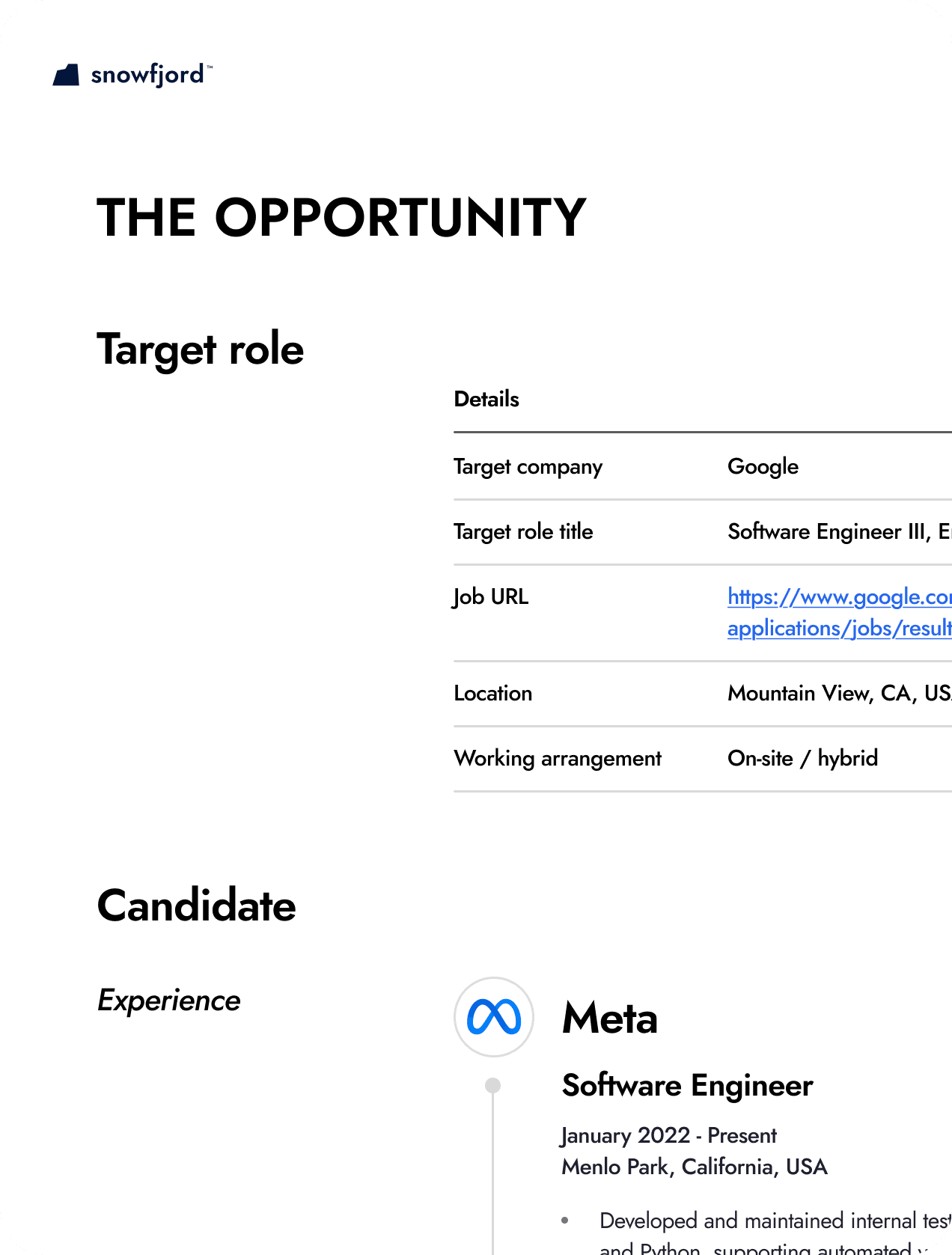 Snowfjord referral request prospectus mockup showing a referral request card with target role and candidate details