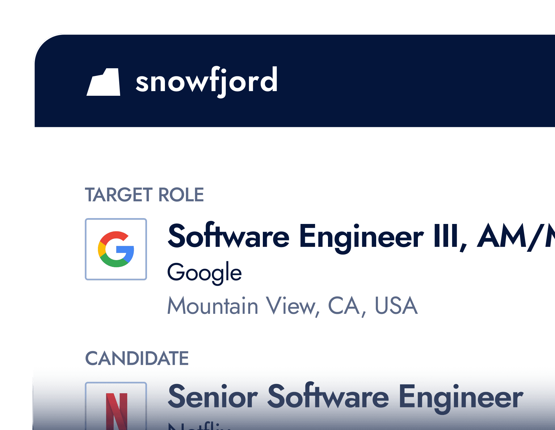 Snowfjord referral request mockup showing a referral request card with target role and candidate details
